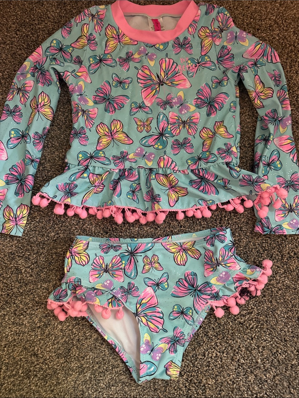 Justice Girls' Butterfly Pom-Pom Two-Piece Swim Set - Aqua & Pink